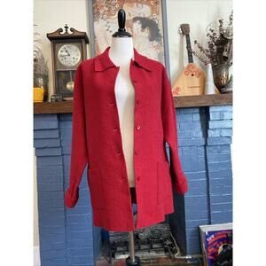 EILEEN FISHER 1X Woman 100% Wool Red Cardigan Sweater Coat Shaket Boiled Felted